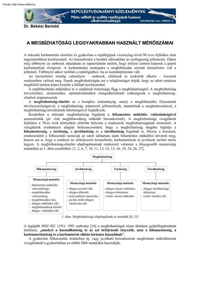 Dr. Békési Bertold - A megbízhatóság leggyakrabban használt mérőszámai