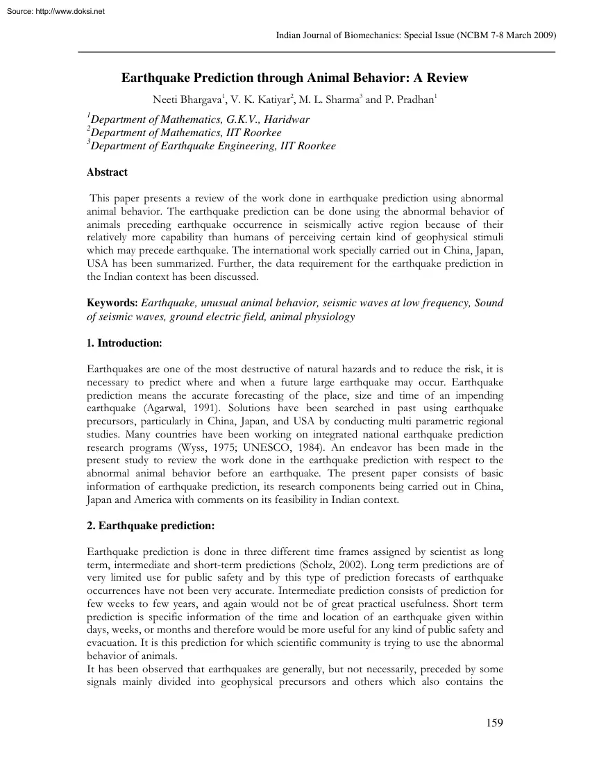 Bhargava-Katiyar-Sharma - Earthquake Prediction through Animal Behavior