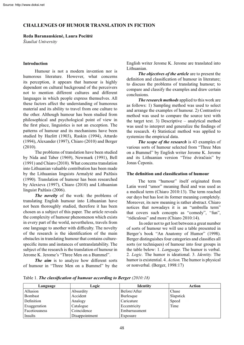 Baranauskiené-Pociüté - Challanges of Humour Translation in Fiction