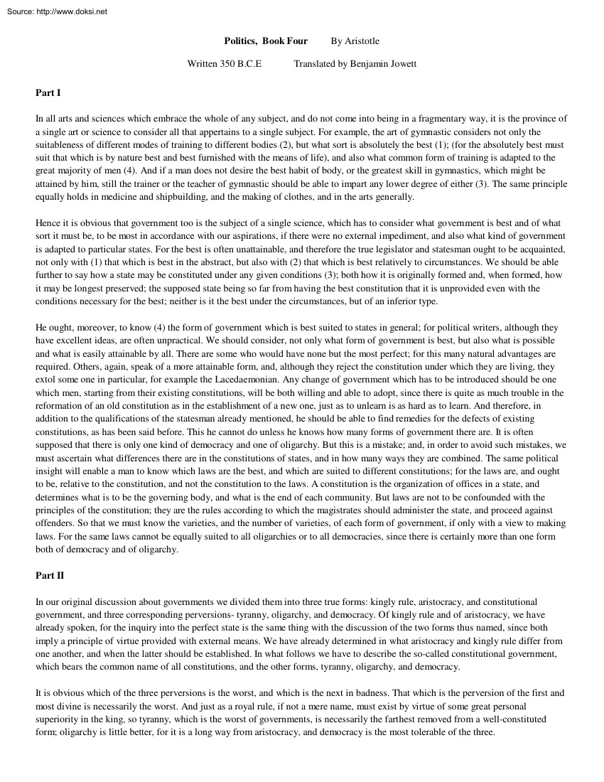Benjamin Jowett - Politics, Book Four By Aristotle