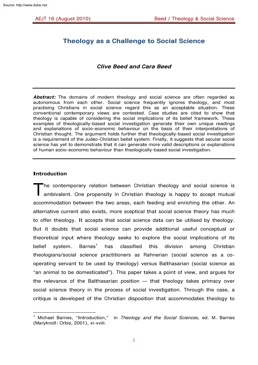 Clive Beed - Theology as a Challenge to Social Science