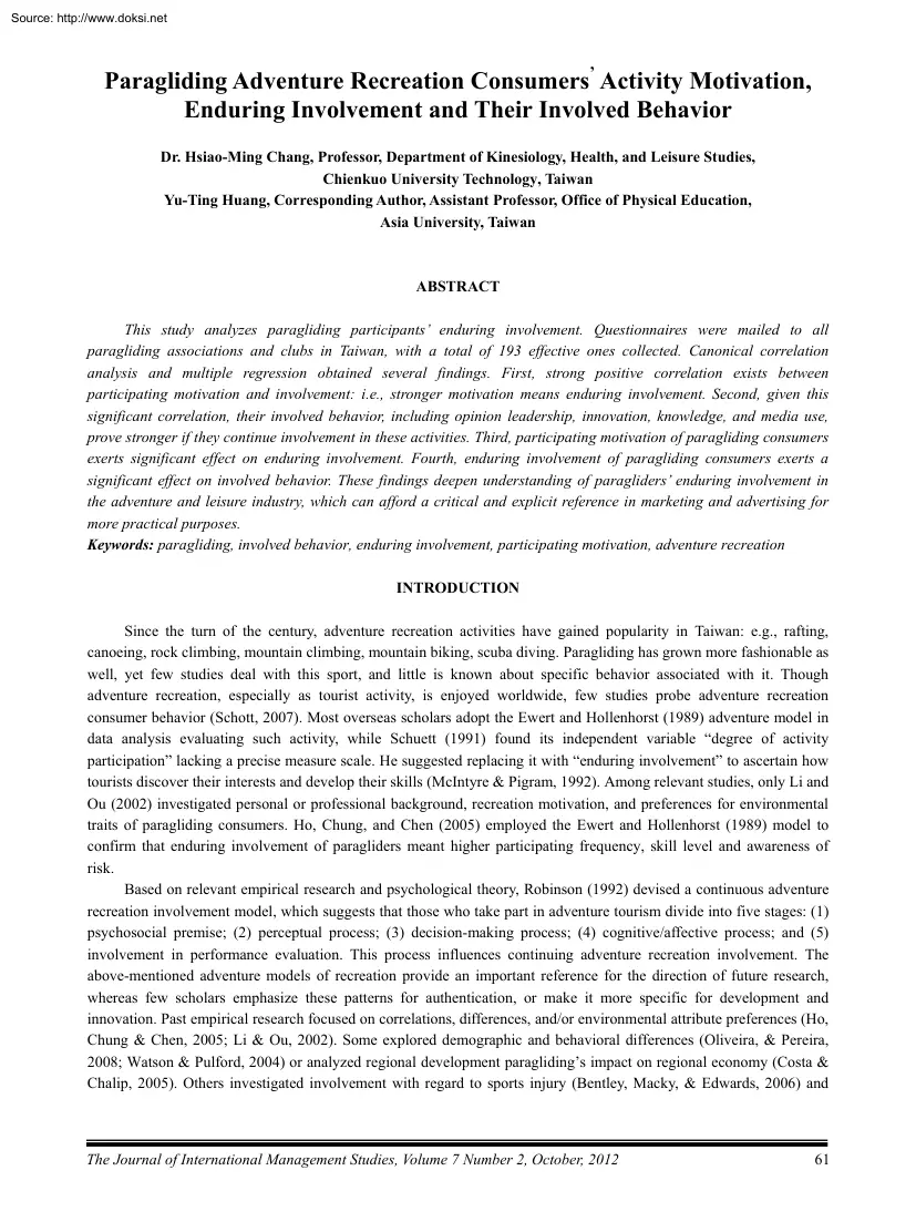 Chang-Huang - Paragliding Adventure Recreation Consumers Activity Motivation, Enduring Involvement