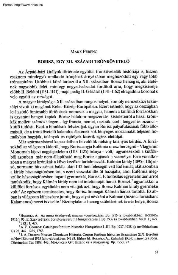 Makk Ferenc - Borisz, egy XII. századi trónkövetelő