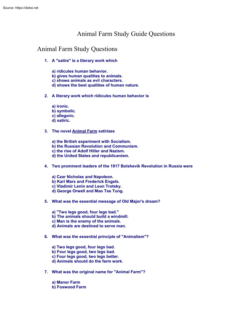 Animal Farm Study Guide Questions