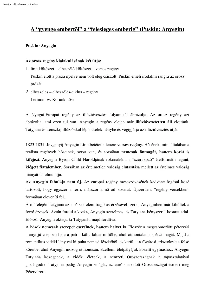 A gyenge embertől a felesleges emberig, Puskin - Anyegin