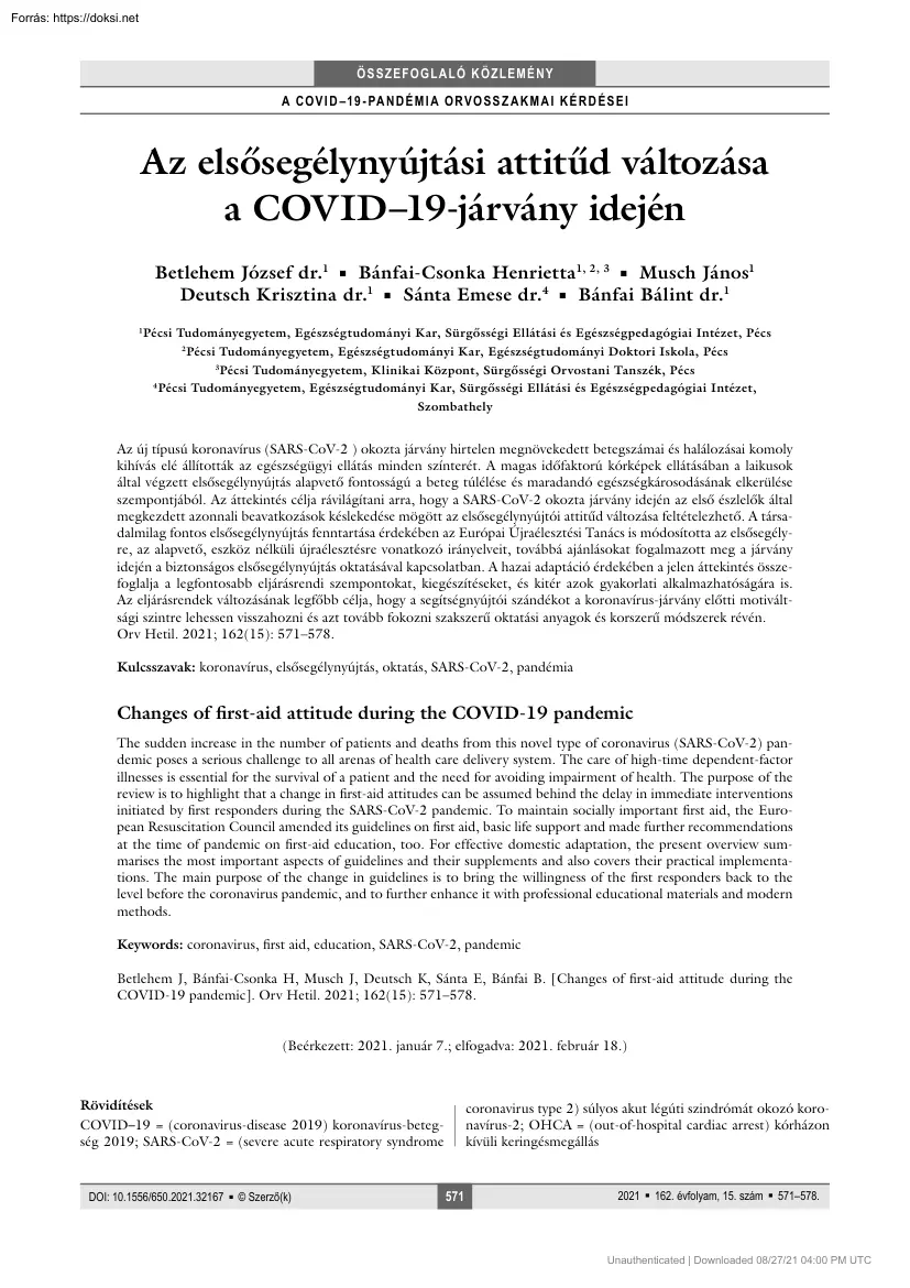 Az elsősegélynyújtási attitűd változása a COVID-19-járvány idején