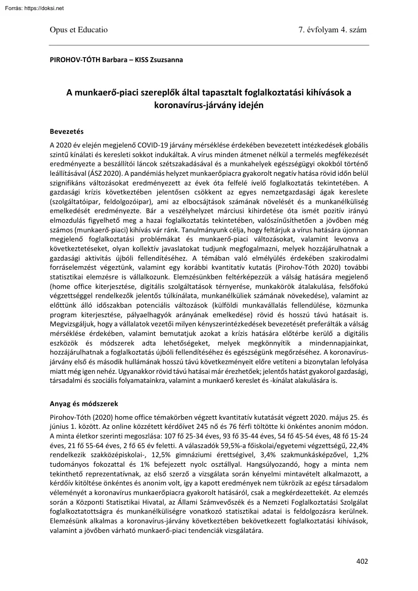 A munkaerő-piaci szereplők által tapasztalt foglalkoztatási kihívások a