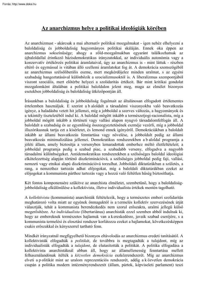 Az anarchizmus helye a politikai ideológiák körében