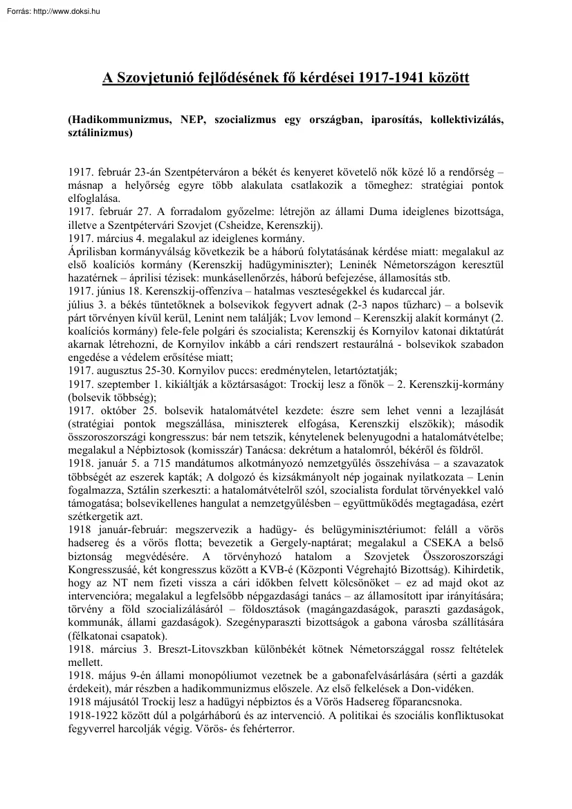 A Szovjetunió fejlődésének fő kérdései 1917-1941 között