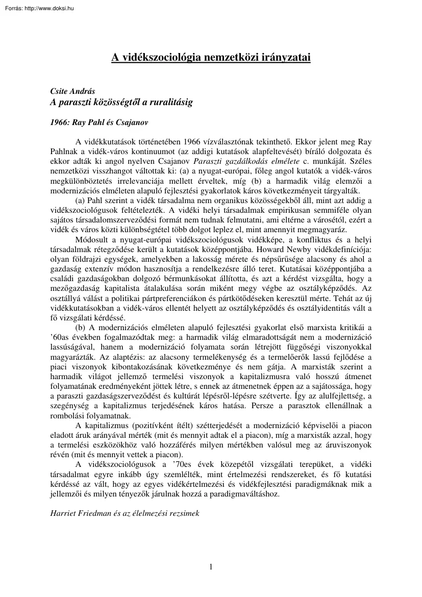 A vidékszociológia nemzetközi irányzatai