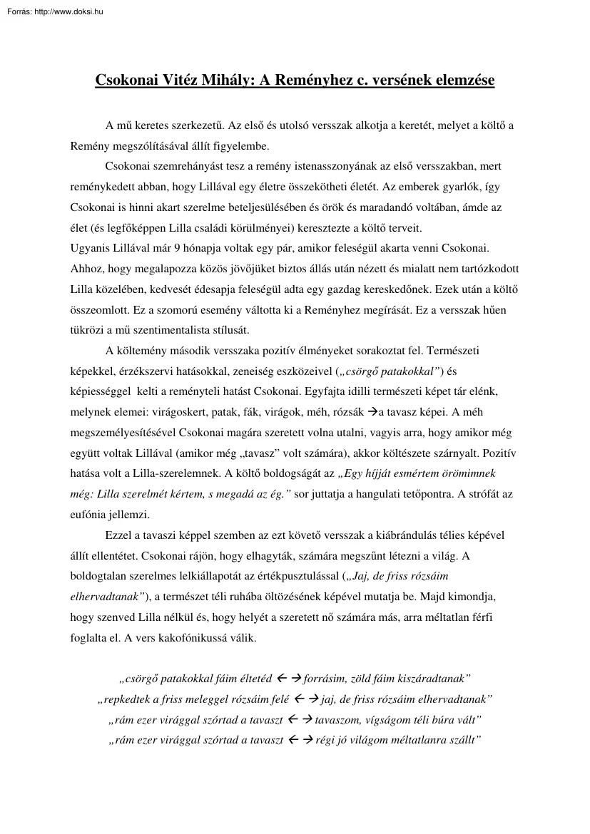 Csokonai Vitéz Mihály, A Reményhez című versének elemzése