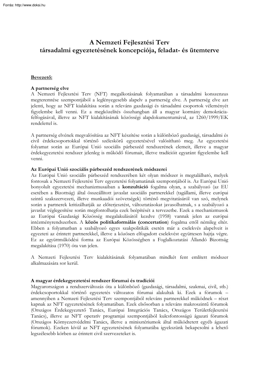 A Nemzeti Fejlesztési Terv társadalmi egyeztetésének koncepciója, feladat- és ütemterve