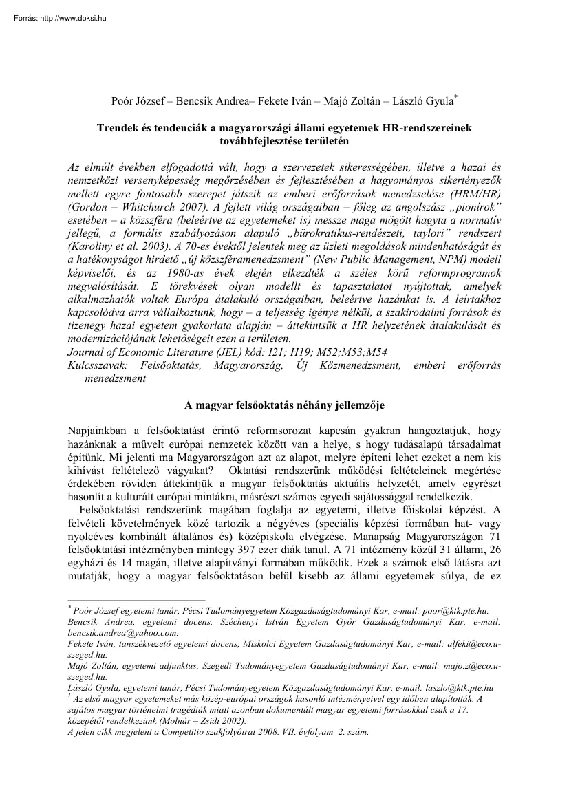 Poór-Bencsik - Trendek és tendenciák a magyarországi állami egyetemek HR-rendszereinek