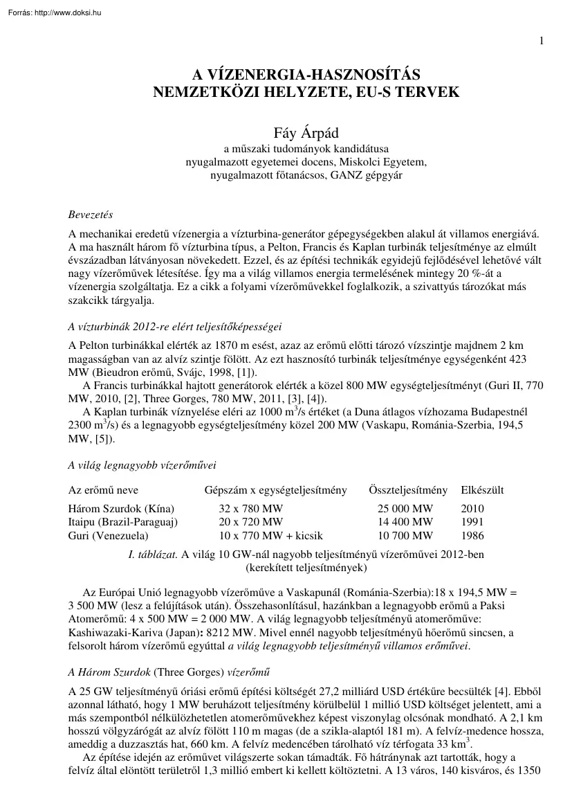 Fáy Árpád - A vízenergia-hasznosítás nemzetközi helyzete