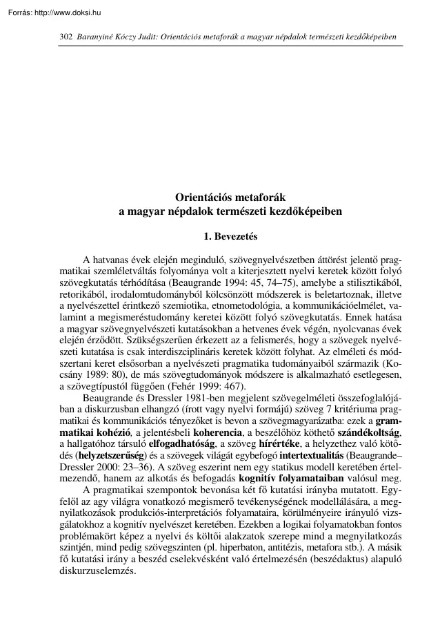 Baranyainé Kóczy Judit - Orientációs metaforák a magyar népdalok természeti kezdőképeiben