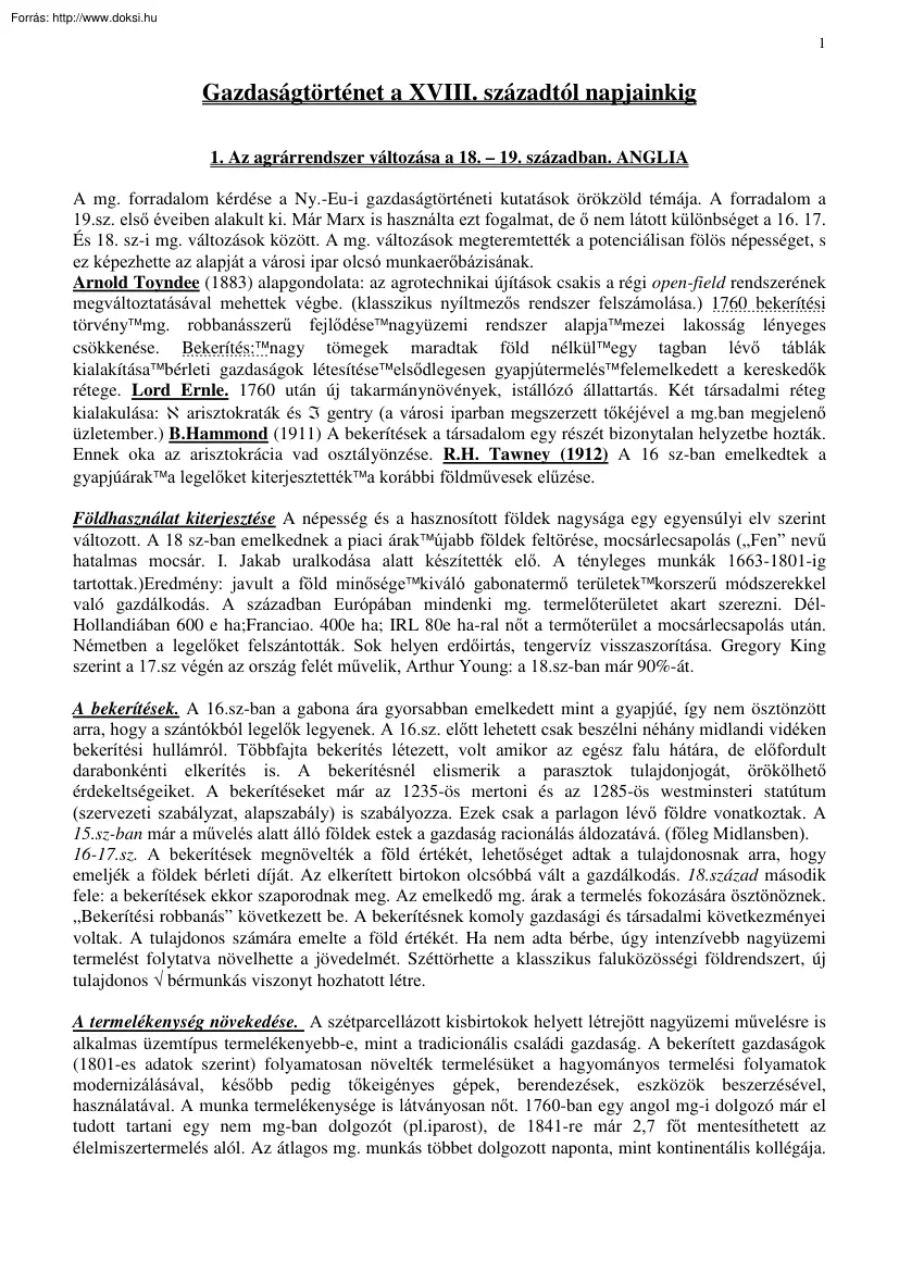 Gazdaságtörténet a XVIII. századtól napjainkig