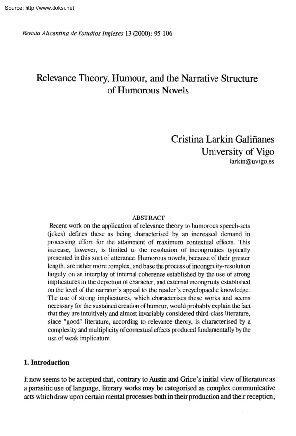 Cristina Larkin Galinanes - Relevance Theory, Humour, and the Narrative Structure of Humorous