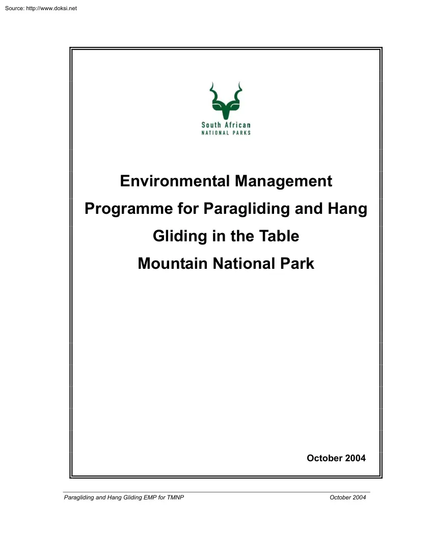 Environmental Management Programme for Paragliding and Hang Gliding in the Table Mountain National