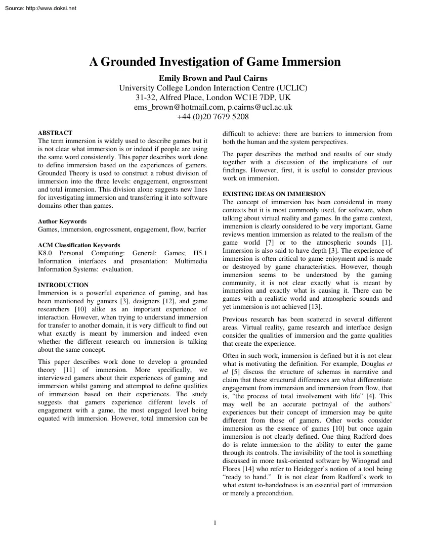 Brown-Cairns - A Grounded Investigation of Game Immersion
