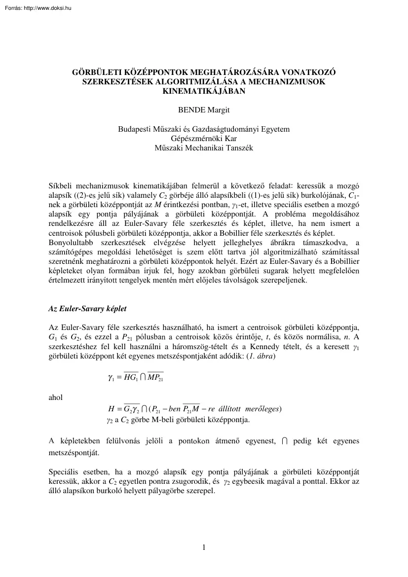 BME Bende Margit - Görbületiközéppontok meghatározására vonatkozó szerkesztések