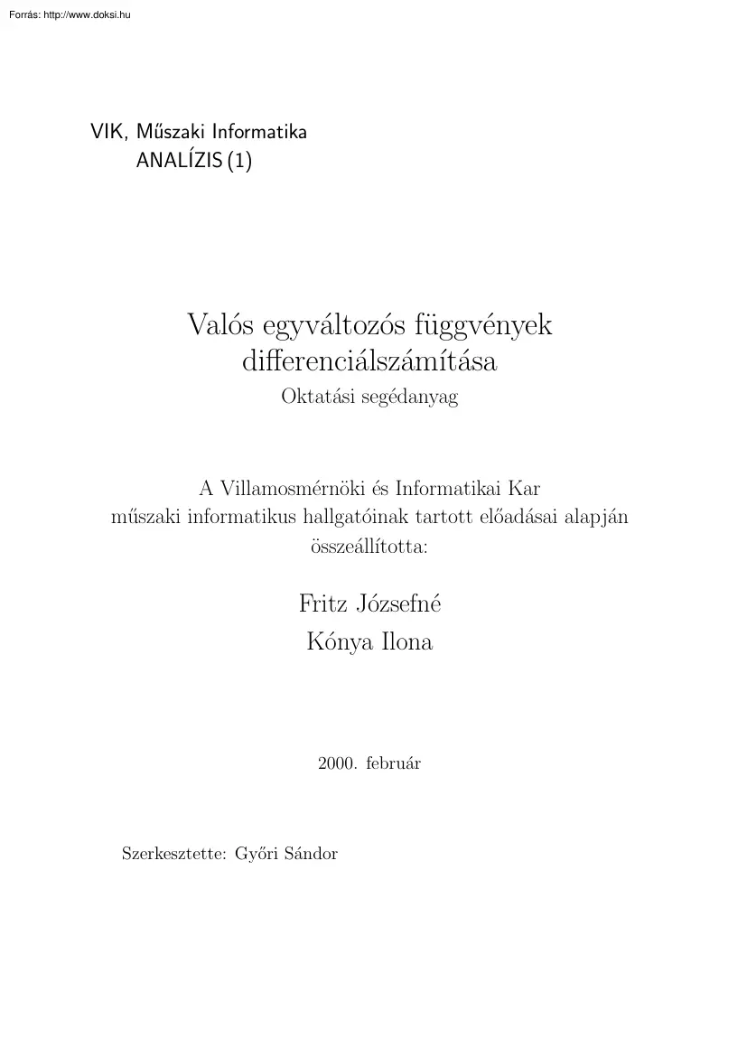 Fritz-Kónya - Valós egyváltozós függvények differenciálszámítása