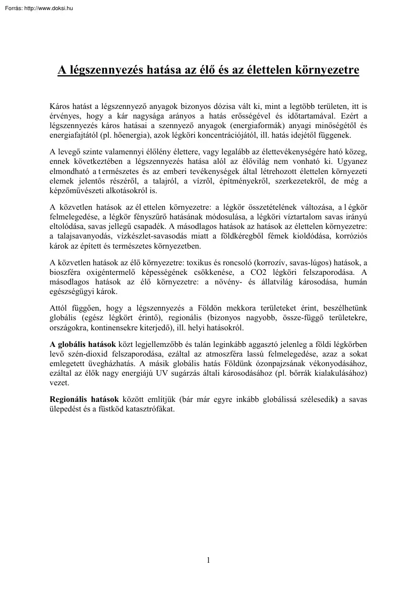 A légszennyezés hatása az élő és az élettelen környezetre