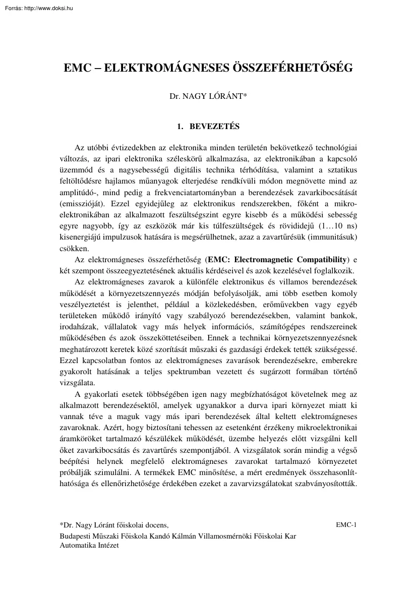 Dr. Nagy Lóránt - Elektromágneses összeférhetőség (EMC)