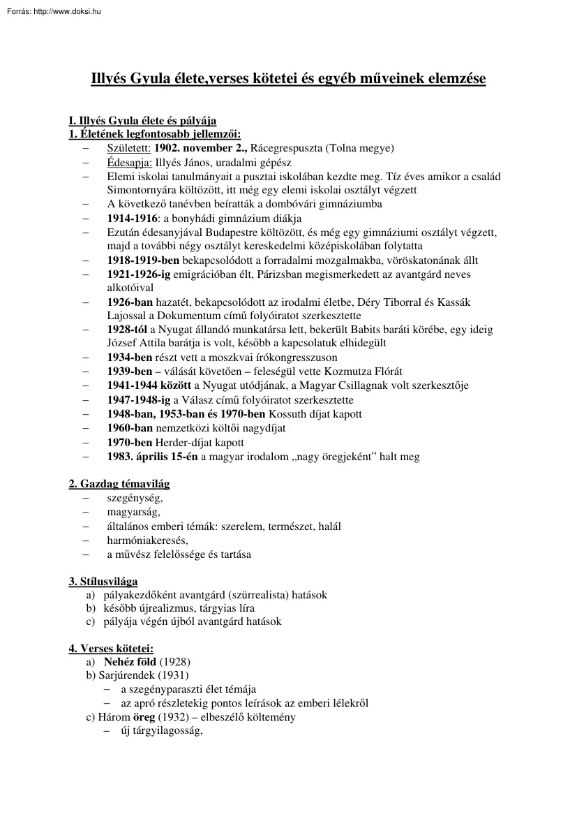 Illyés Gyula élete, verseskötetei és egyéb műveinek elemzése