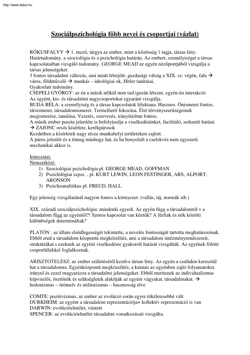 A szociálpszichológia főbb nevei és csoportjai (vázlat)