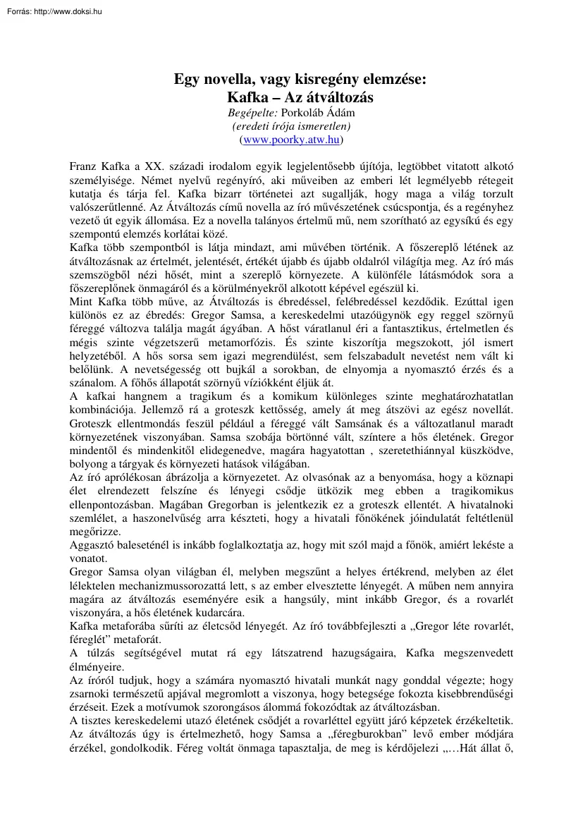 Porkoláb Ádám - Kafka, Az átváltozás elemzés