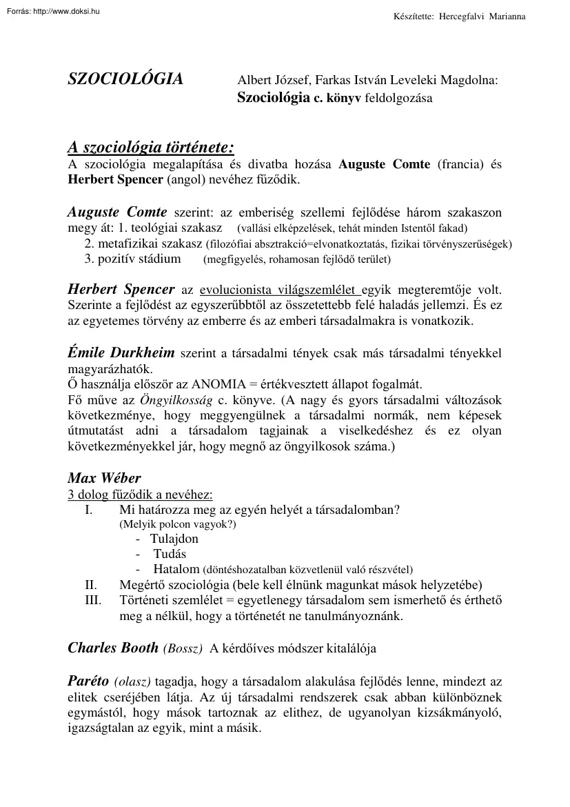 Hercegfalvi  Marianna - Szociológia tételek, 2003