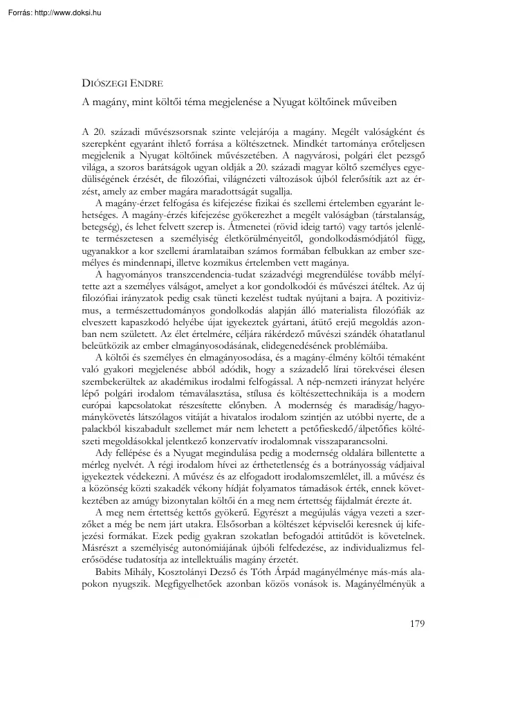 Diószegi Endre - A magány mint költői téma megjelenése a Nyugat költőinek műveiben