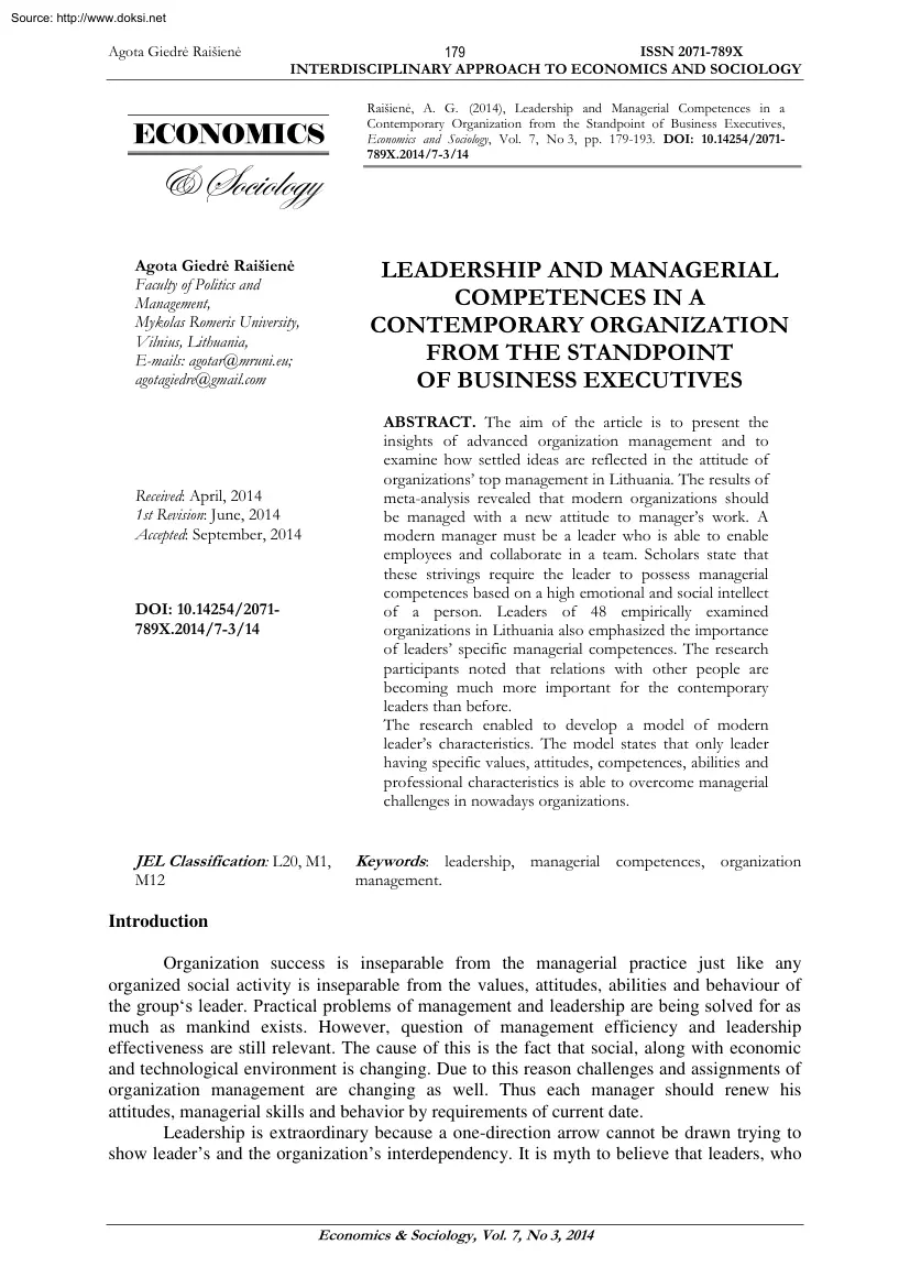 Agota Giedré - Leadership and Managerial Competences in a Contemporary Organization from the
