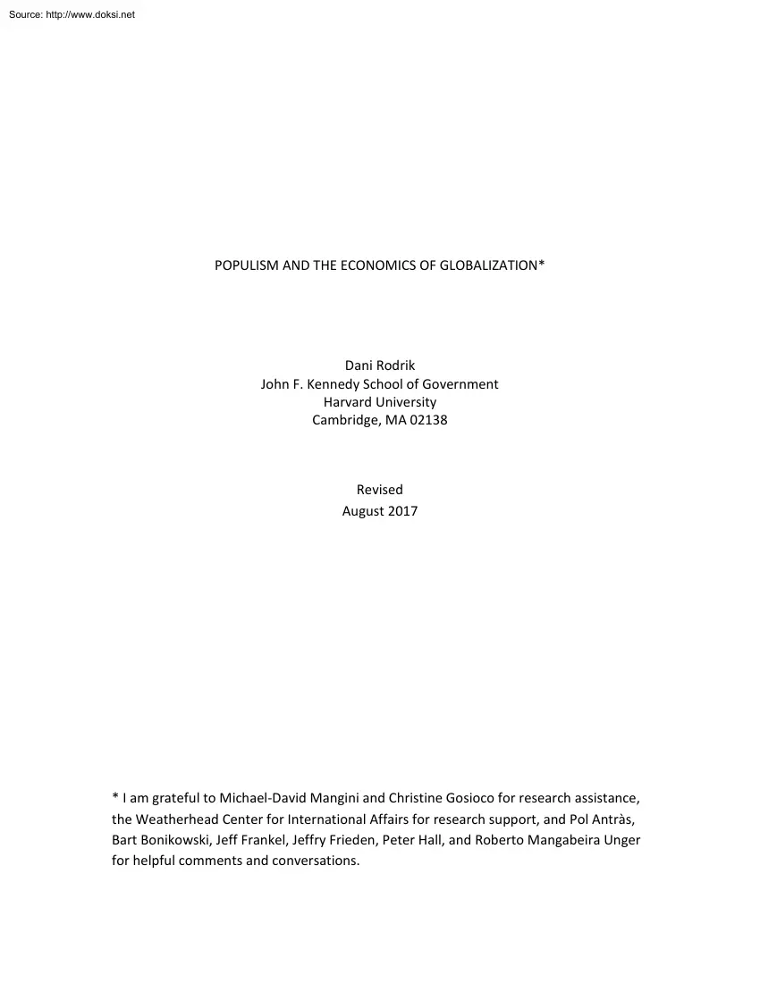 Dani Rodrik - Populism and the Economics of Globalization