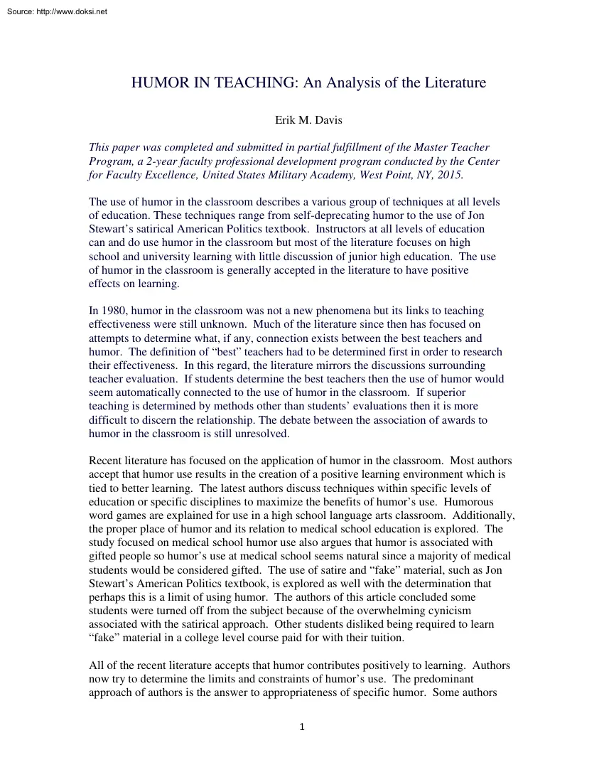 Erik M. Davis - Humor in Teaching, An Analysis of the Literature