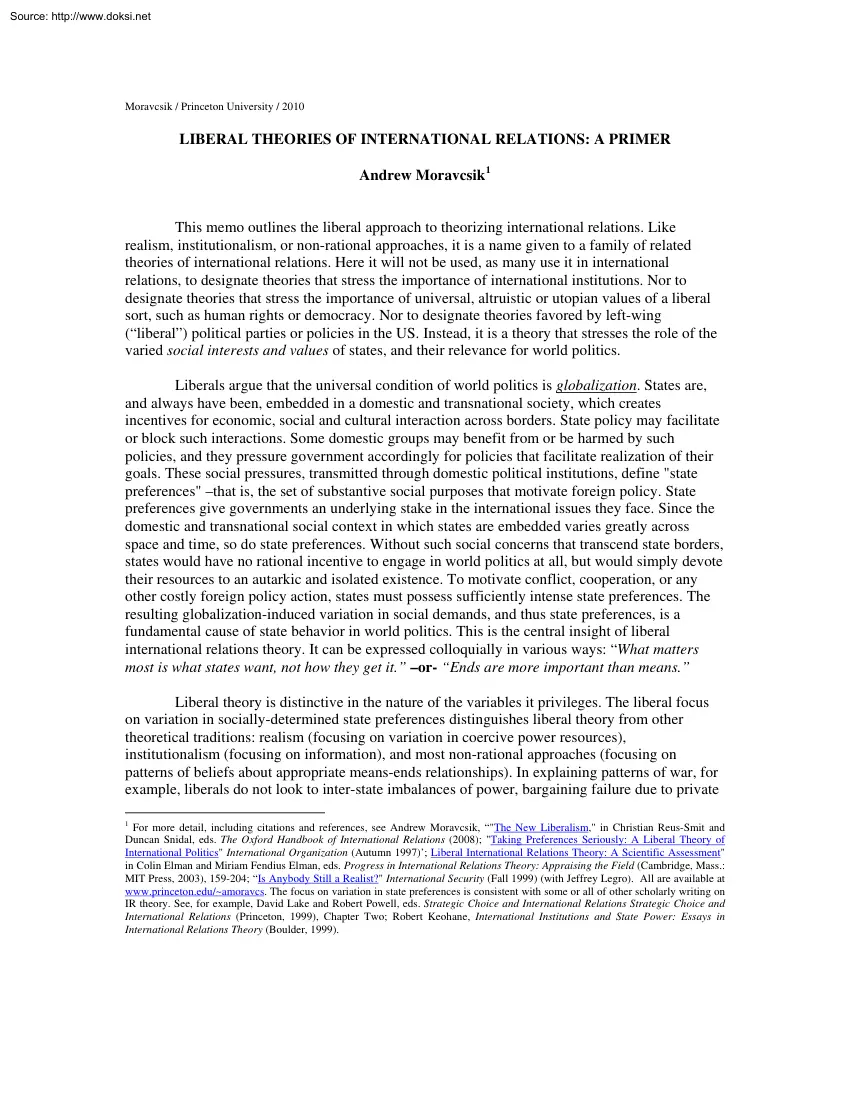 Andrew Moravcsik - Liberal Theories of International Relations, A Primer