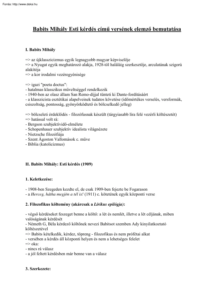 Babits Mihály Esti kérdés című versének elemző bemutatása