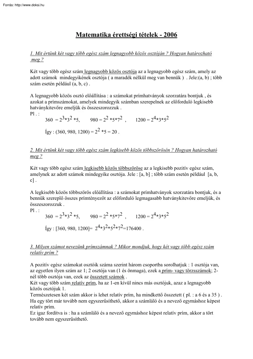 Matematika szóbeli érettségi tételek, 2006