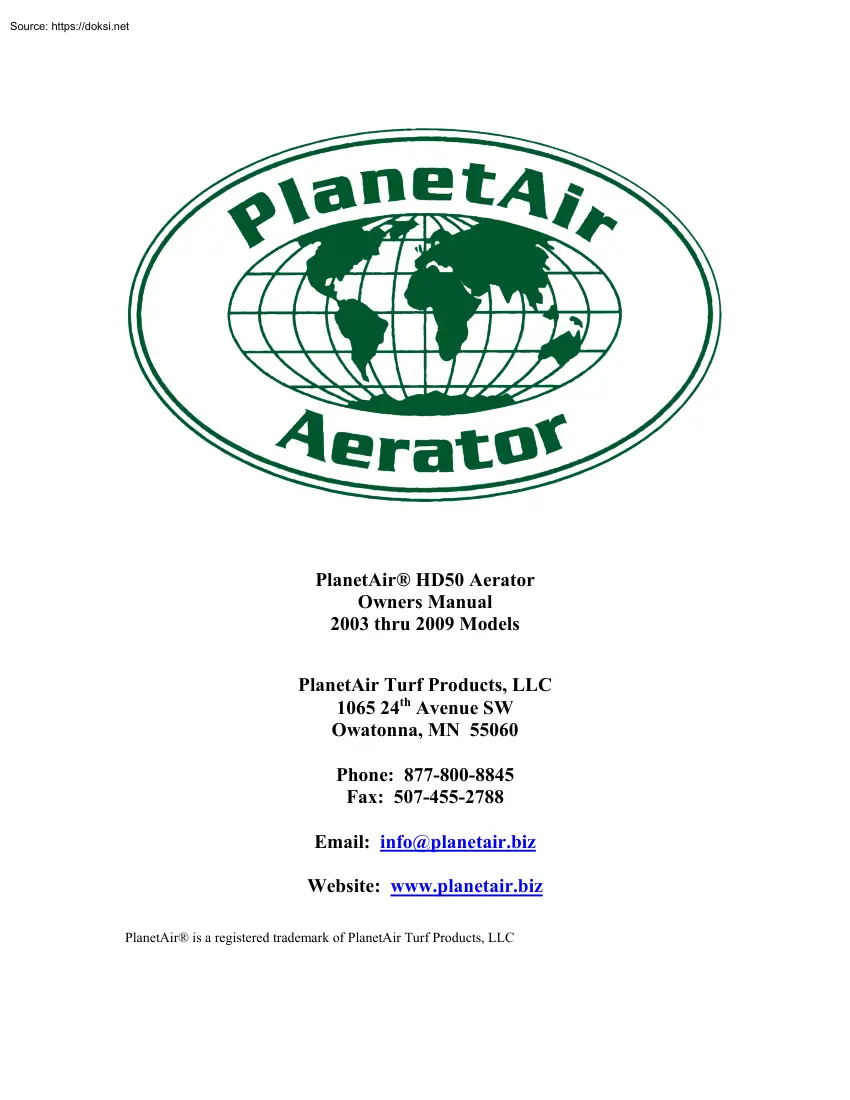 PlanetAir HD50 Aerator Owners Manual