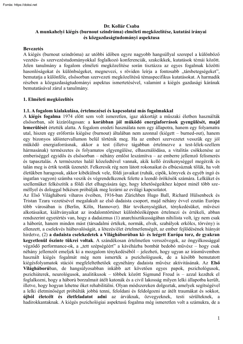 Dr. Kollár Csaba - A munkahelyi kiégés (burnout szindróma) elméleti megközelítése