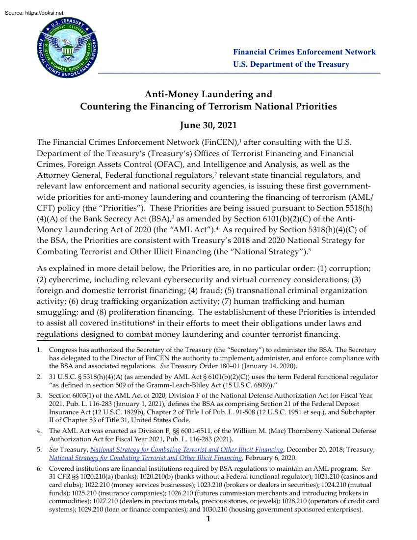 Anti Money Laundering and Countering the Financing of Terrorism National Priorities