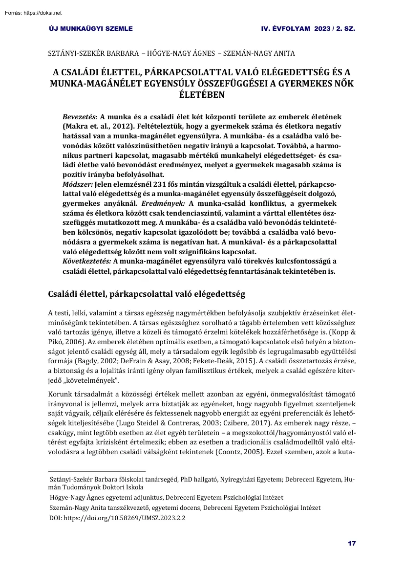 A családi élettel, párkapcsolattal való elégedettség és a munka-magánélet egyensúly