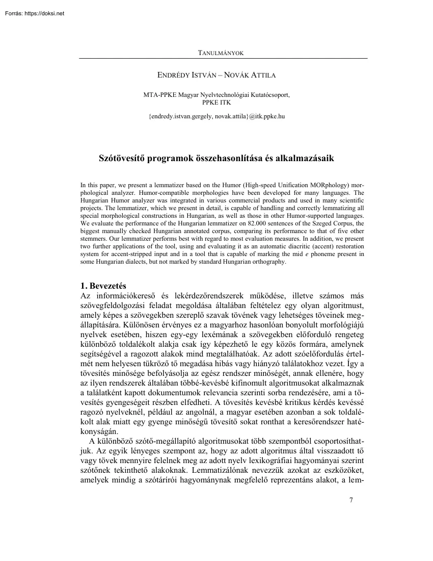 Endrédy-Novák - Szótövesítő programok összehasonlítása és alkalmazásaik