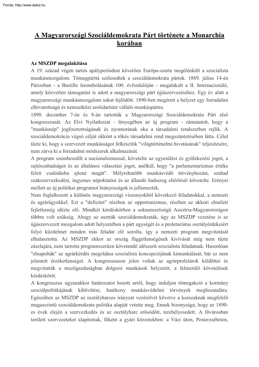 A Magyarországi Szociáldemokrata Párt története a Monarchia korában