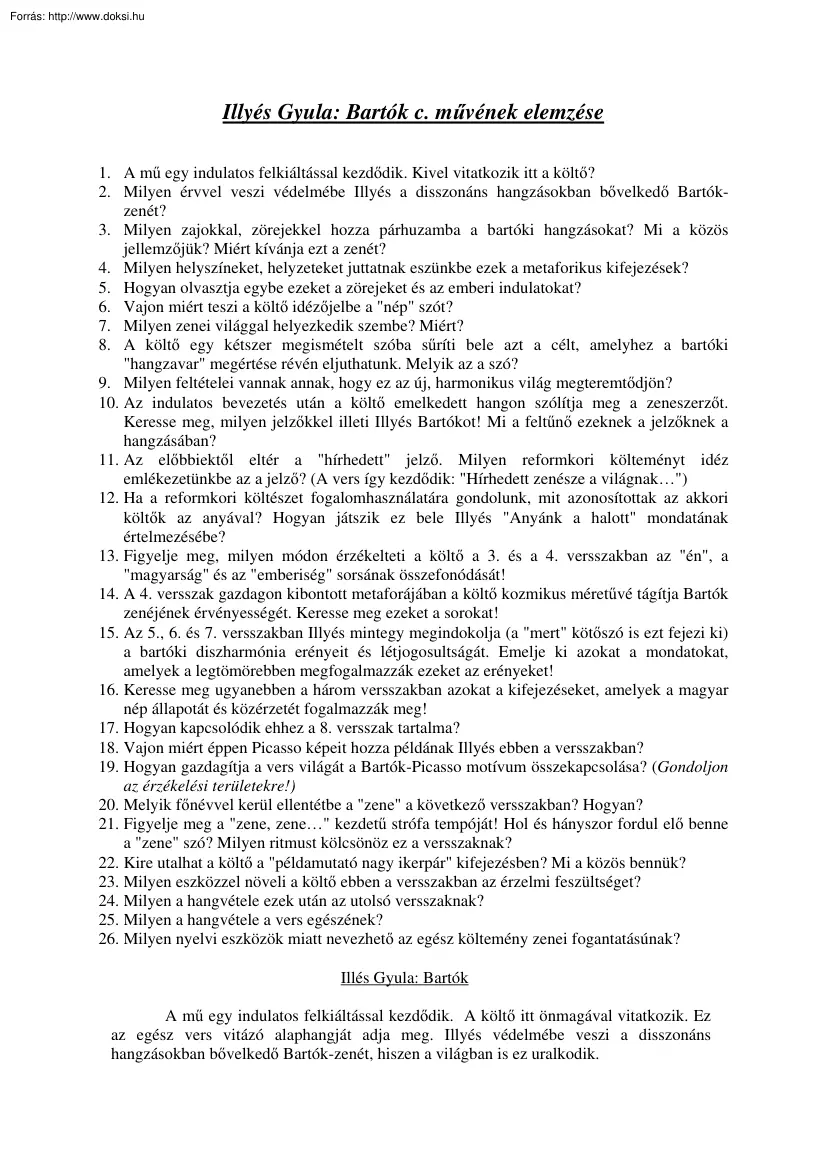 Illyés Gyula, Bartók című művének elemzése