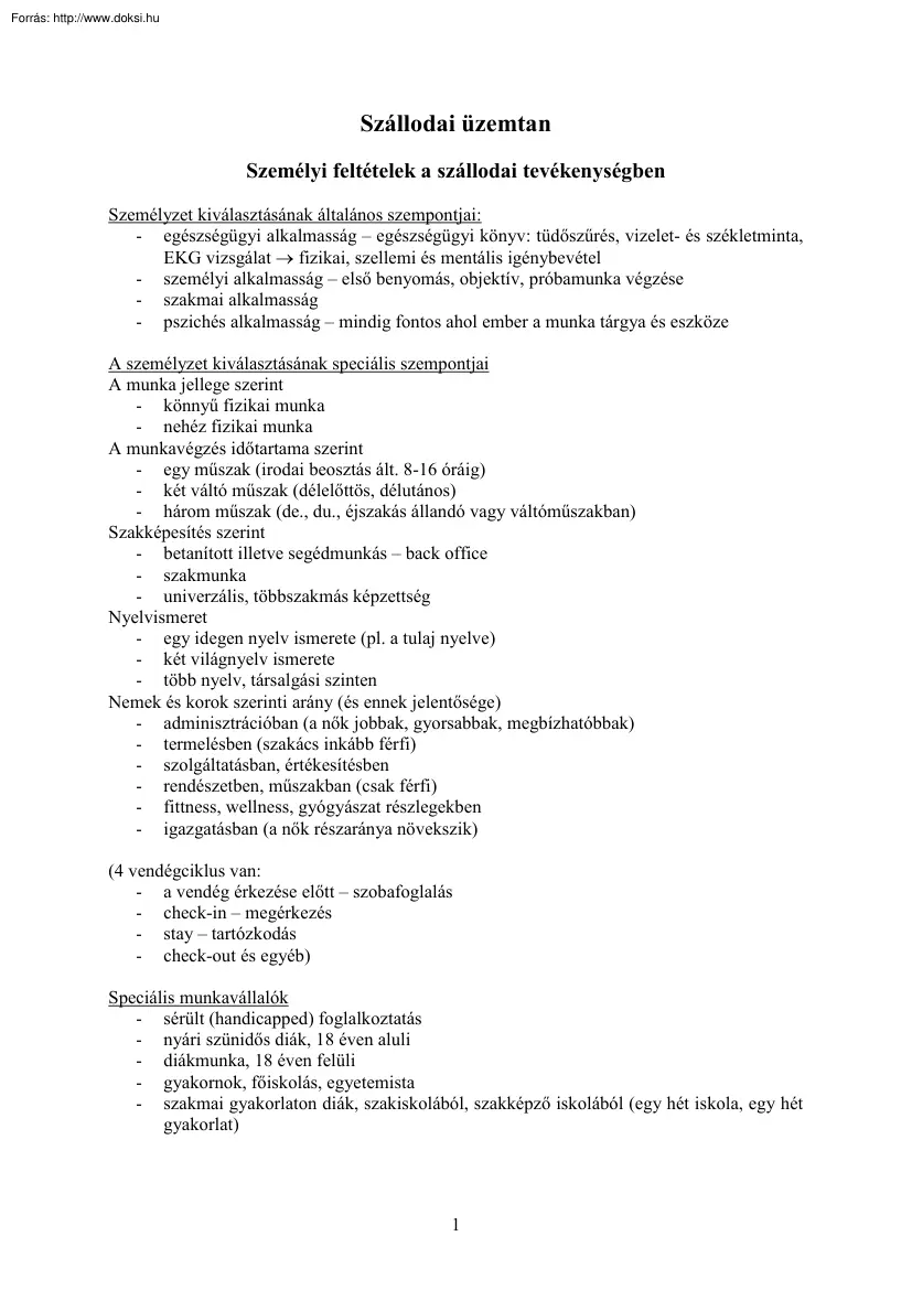 Szállodai üzemtan, személyi feltételek a szállodai tevékenységben