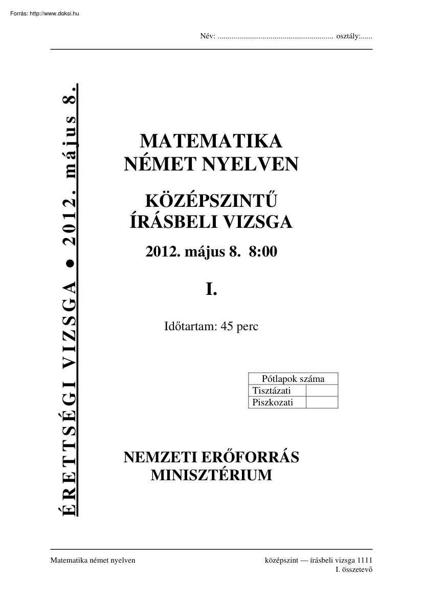 Matematika német nyelven középszintű írásbeli érettségi vizsga megoldással, 2012