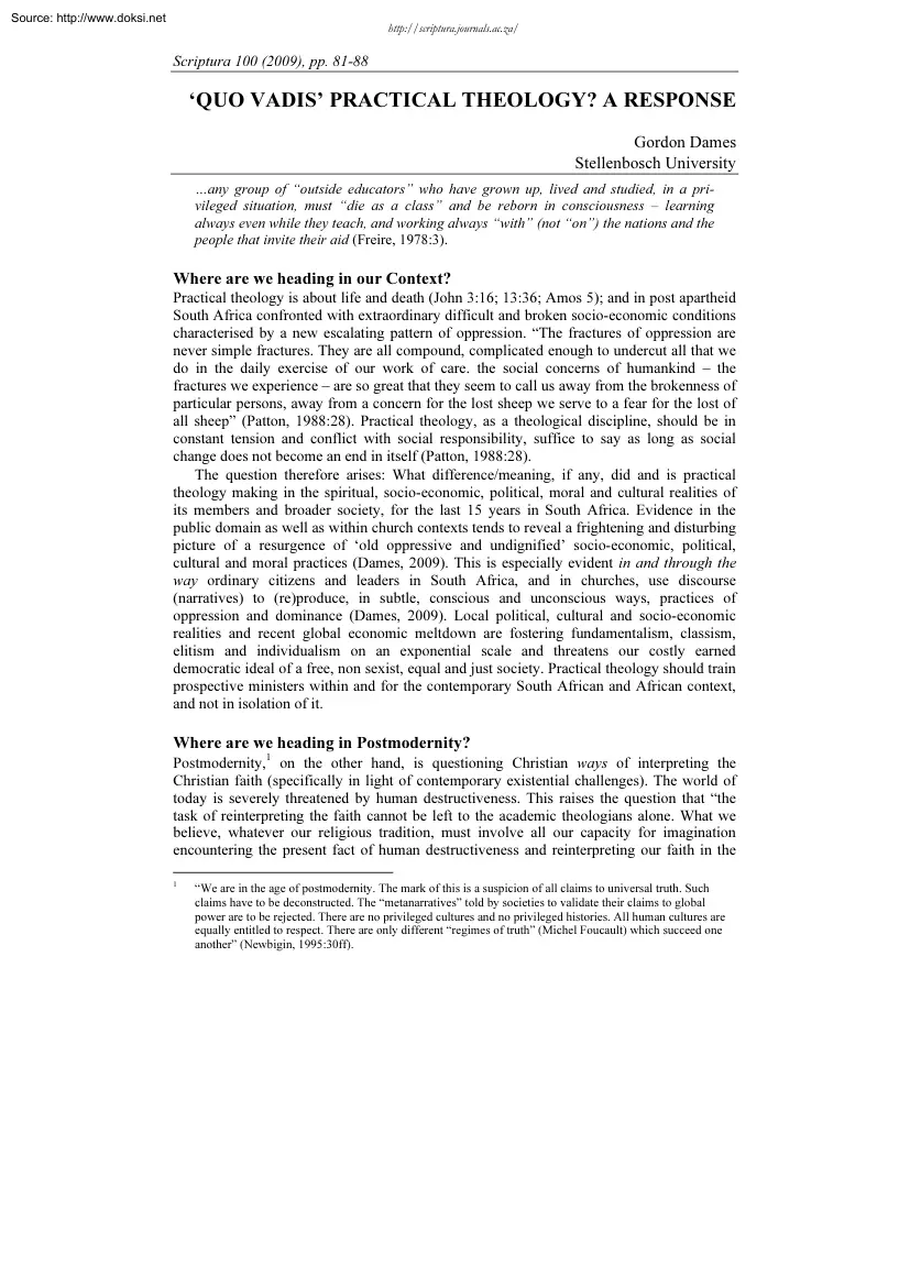 Gordon Dames - Quo Vadis, Practical Theology, A Response