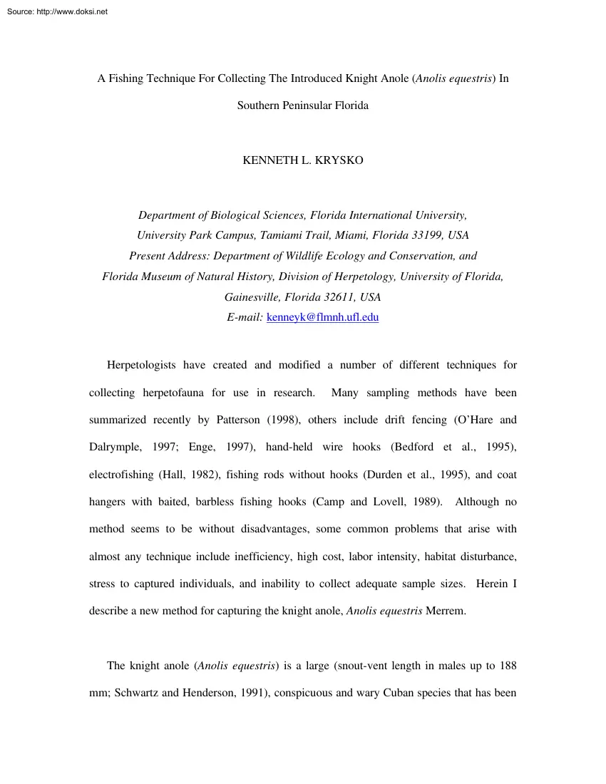 Kenneth L. Krysko - A Fishing Technique For Collecting The Introduced Knight Anole In Southern