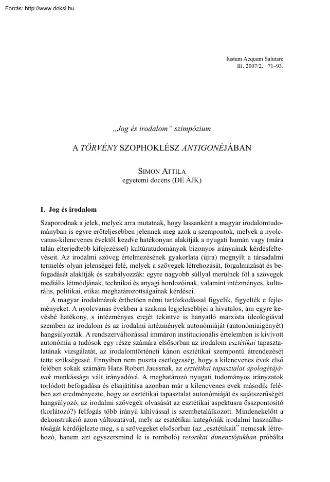 Simon Attila - A törvény Szophoklész Antigonéjában